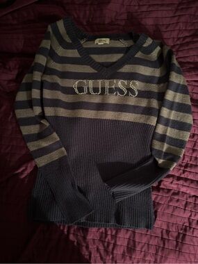 GUESS Navy and grey Stripe V-Neck Sweater